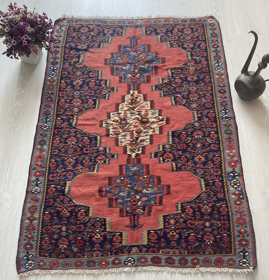 Antique Kurdish Senneh Kilim Rug