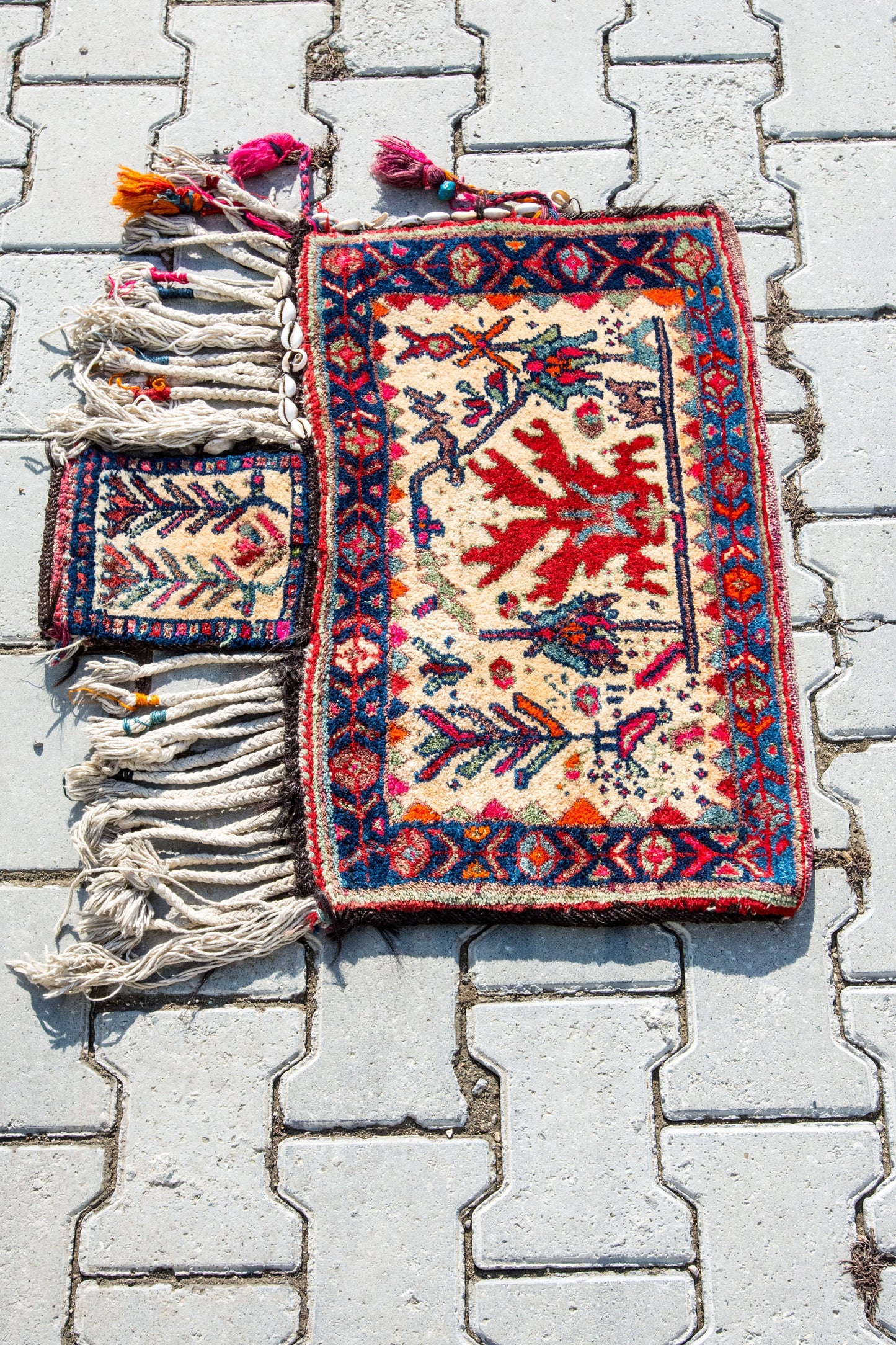 Antique Tribal Balochi Salt Bag Rug decorated with Seashells