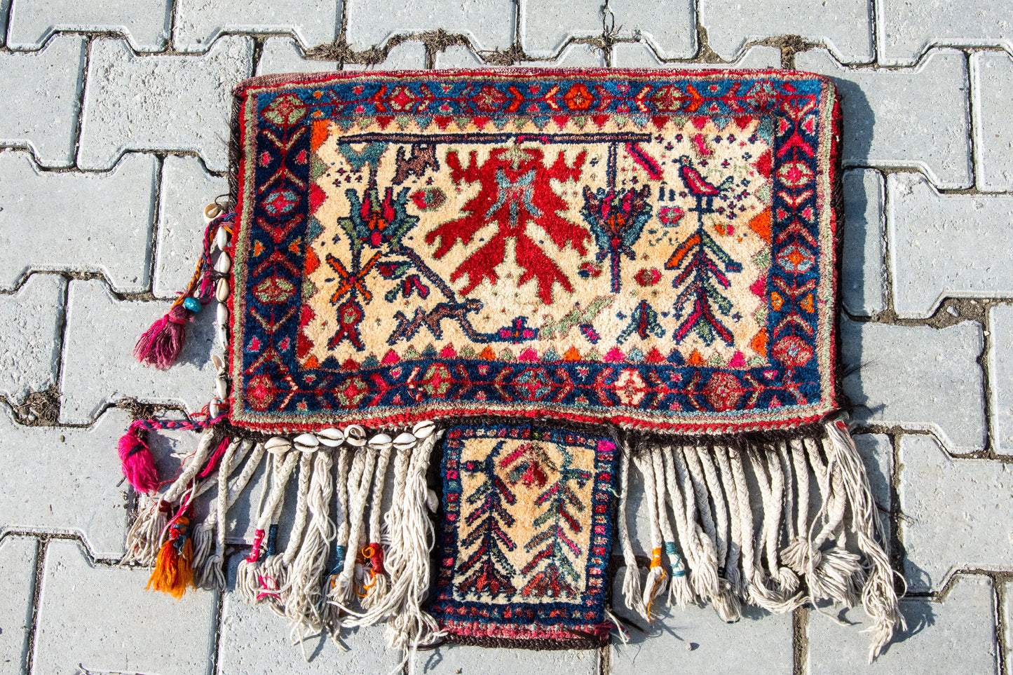 Antique Tribal Balochi Salt Bag Rug decorated with Seashells