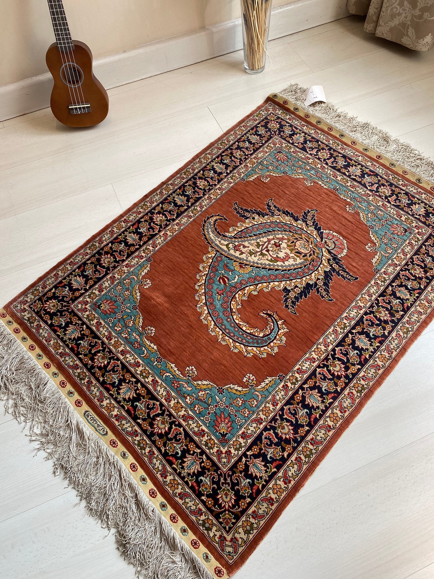 Turkish Pure Silk Hereke Rug with Boteh Motif