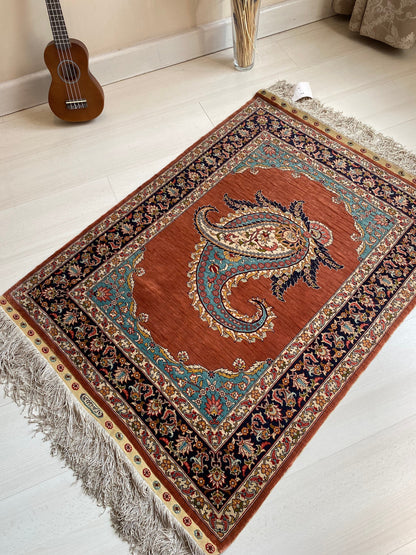 Turkish Pure Silk Hereke Rug with Boteh Motif