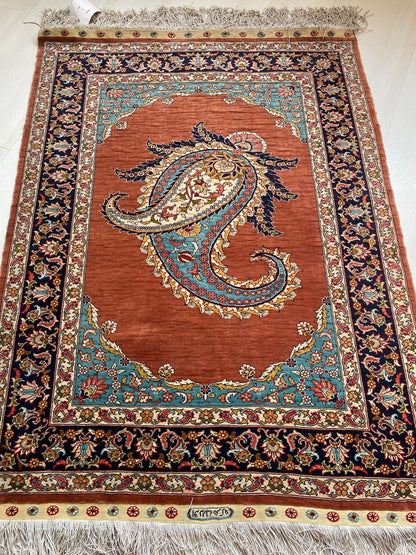 Turkish Pure Silk Hereke Rug with Boteh Motif