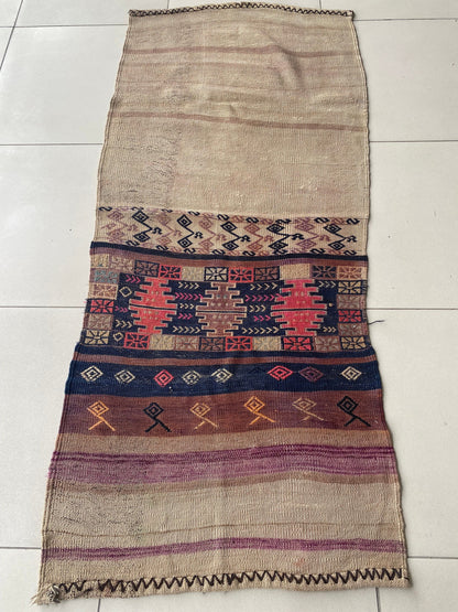 Antique Nomadic Kilim, Kilim Bag Face, Sumak Bag Face, Herki Rug, Kurdish Kilim, Kurdish Sumak,3x6 kilim