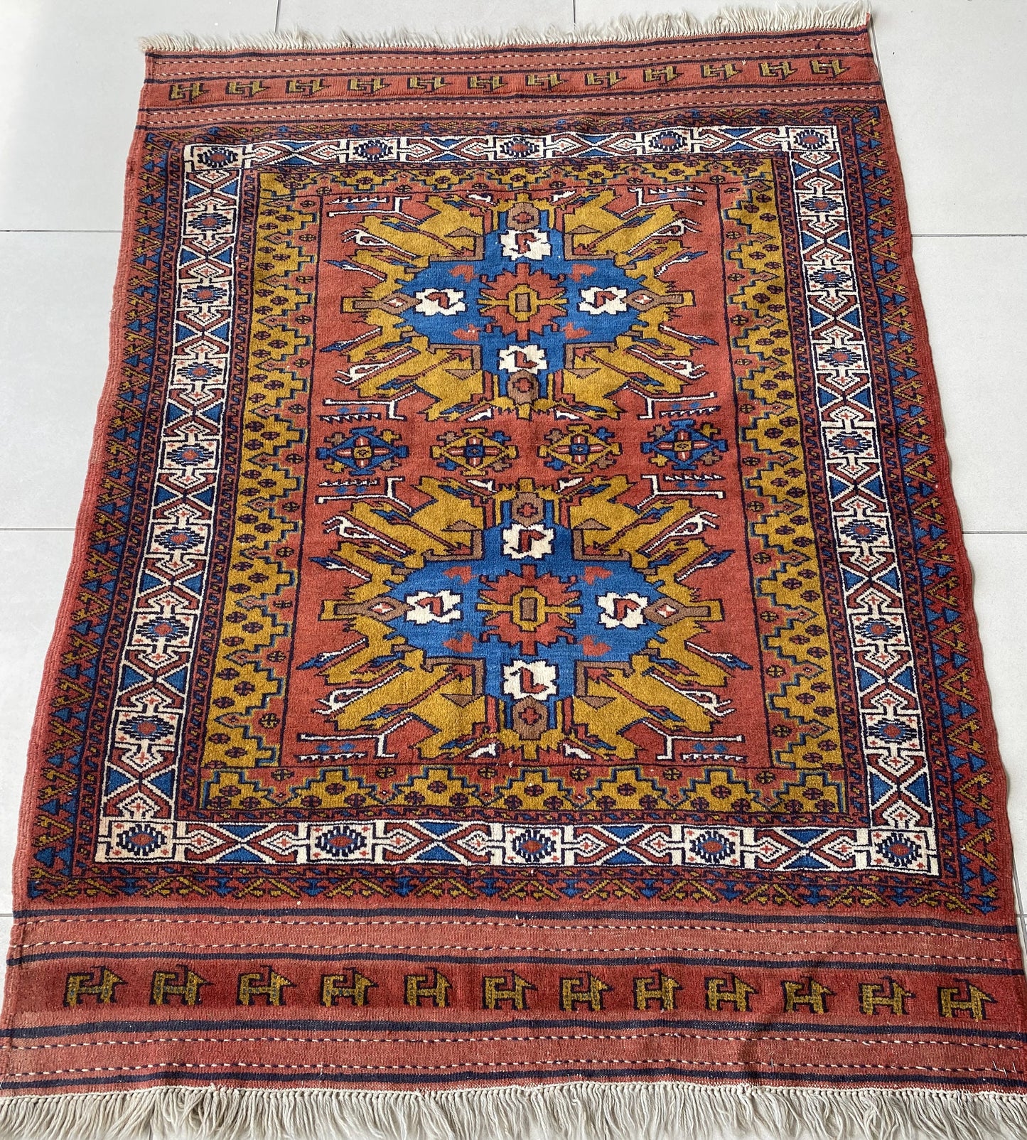 Vintage Kurdish Carpet, Kazak Design Rug, Adler Rug, Sunburst, Chelabert Rug, 4x6 Rug