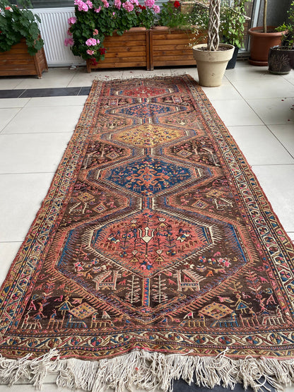 Antique Sumak Runner from Caucasus, 4x10 Antique Runner Rug