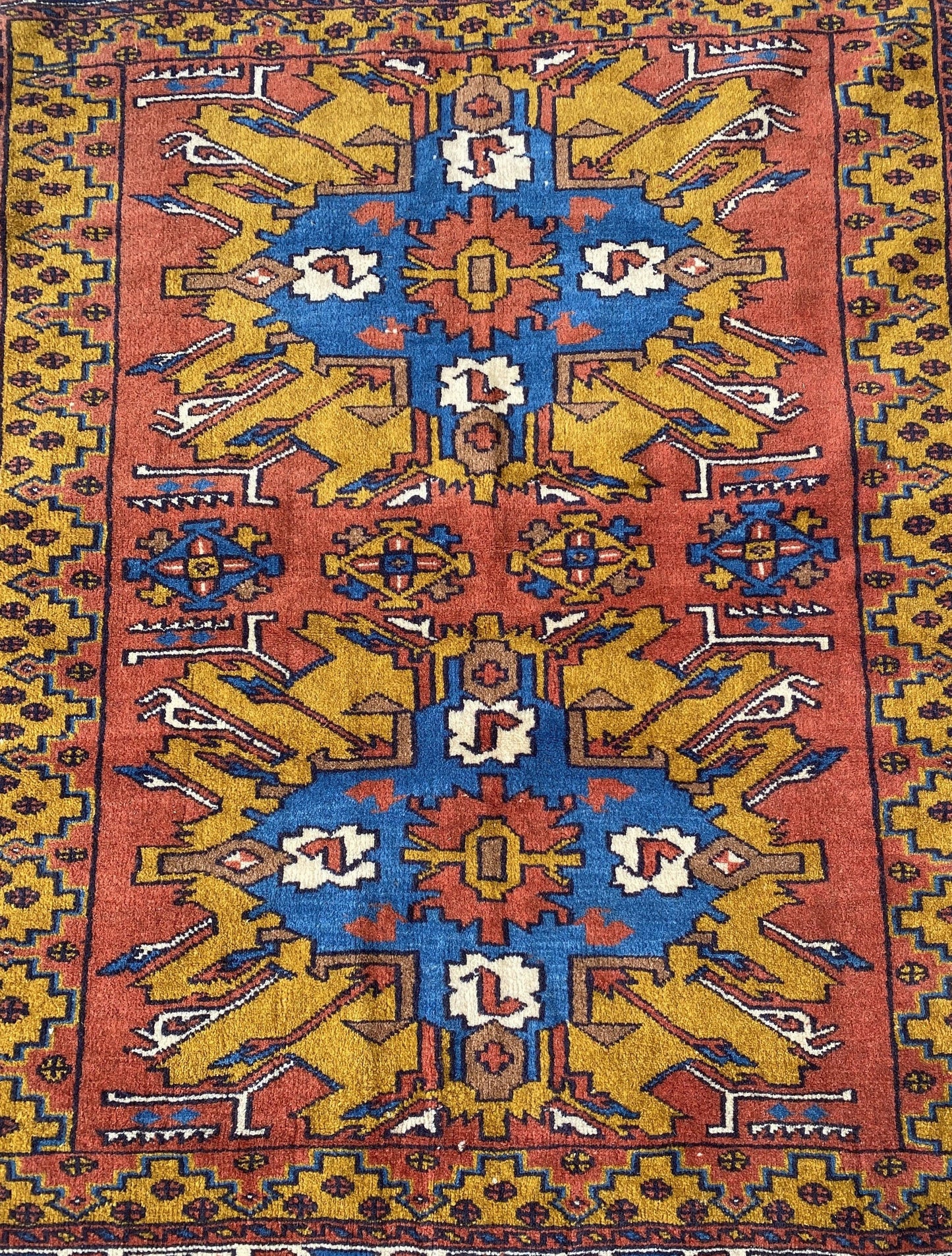 Vintage Kurdish Carpet, Kazak Design Rug, Adler Rug, Sunburst, Chelabert Rug, 4x6 Rug