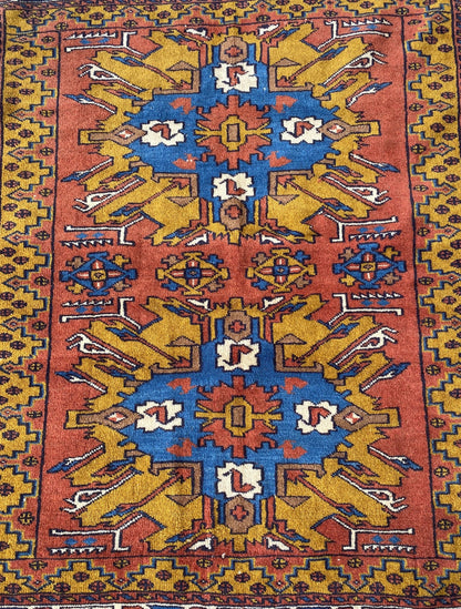 Vintage Kurdish Carpet, Kazak Design Rug, Adler Rug, Sunburst, Chelabert Rug, 4x6 Rug