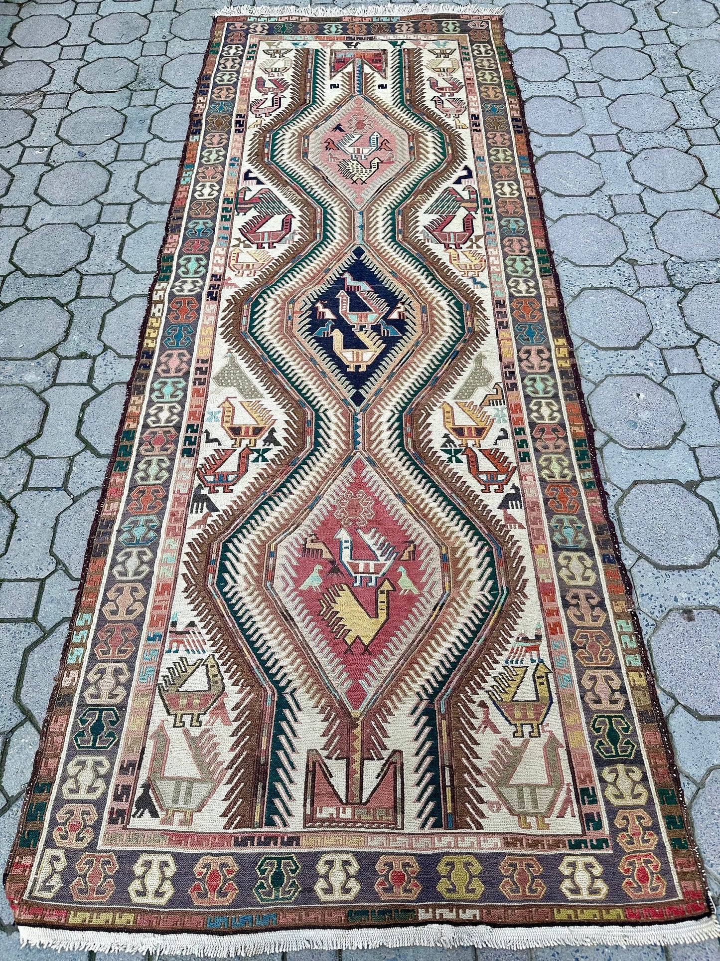 Semi Antique Sumak Rug, Sumak Runner, Old Sumak Carpet, 3x9 Runner