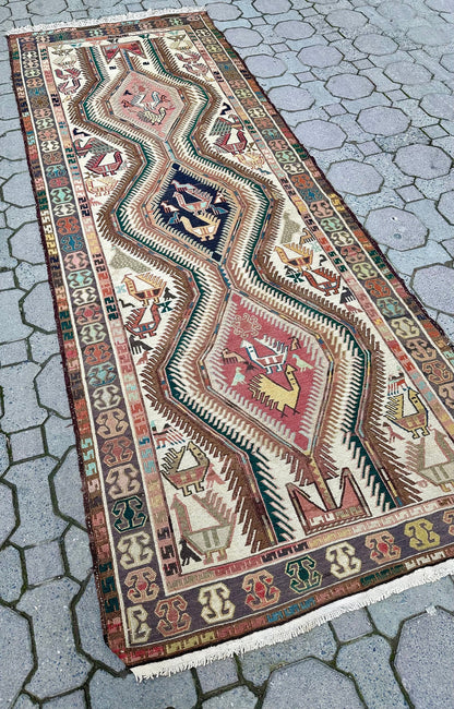 Semi Antique Sumak Rug, Sumak Runner, Old Sumak Carpet, 3x9 Runner